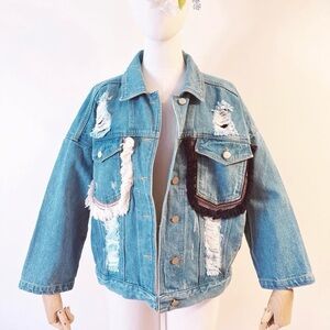 Distressed Denim Jacket with Fringe